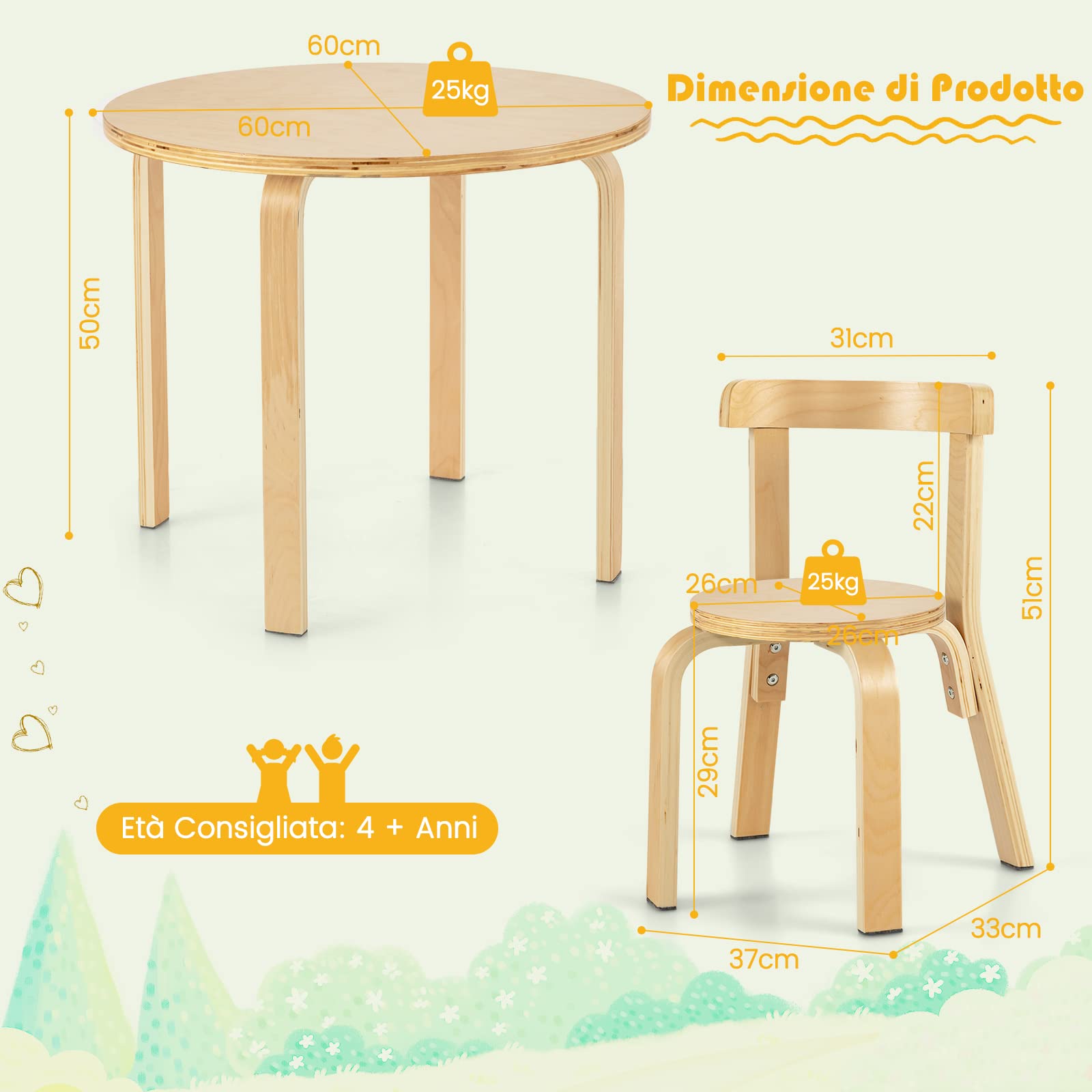 COSTWAY Set Tavolo e Sedie per Bambini, con Schienale Curvo in Legno, Tavolo Attività per Bambini con 4 Sedie, Capacità di Peso 25kg, 4+ Anni (naturale)