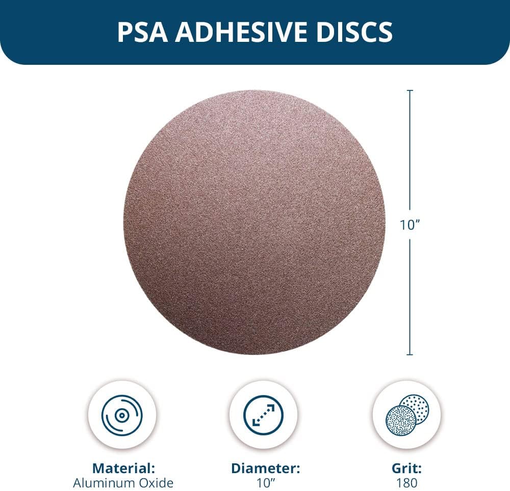 Benchmark Abrasives 10" Premium Aluminum Oxide No Hole PSA Discs, Self Adhesive Random Orbital Sander Discs for Sanding Polishing on Metal Wood Fiberglass (10 Pack) - 180 Grit