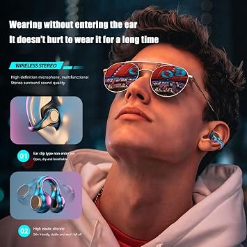 Generic 2025 New Open Ear Headphones, Bluetooth 5.3 Water-Proof, Bone Conduction, Wireless Ear Clip Skeleton Conduction Headphones with Charging Case (Black)