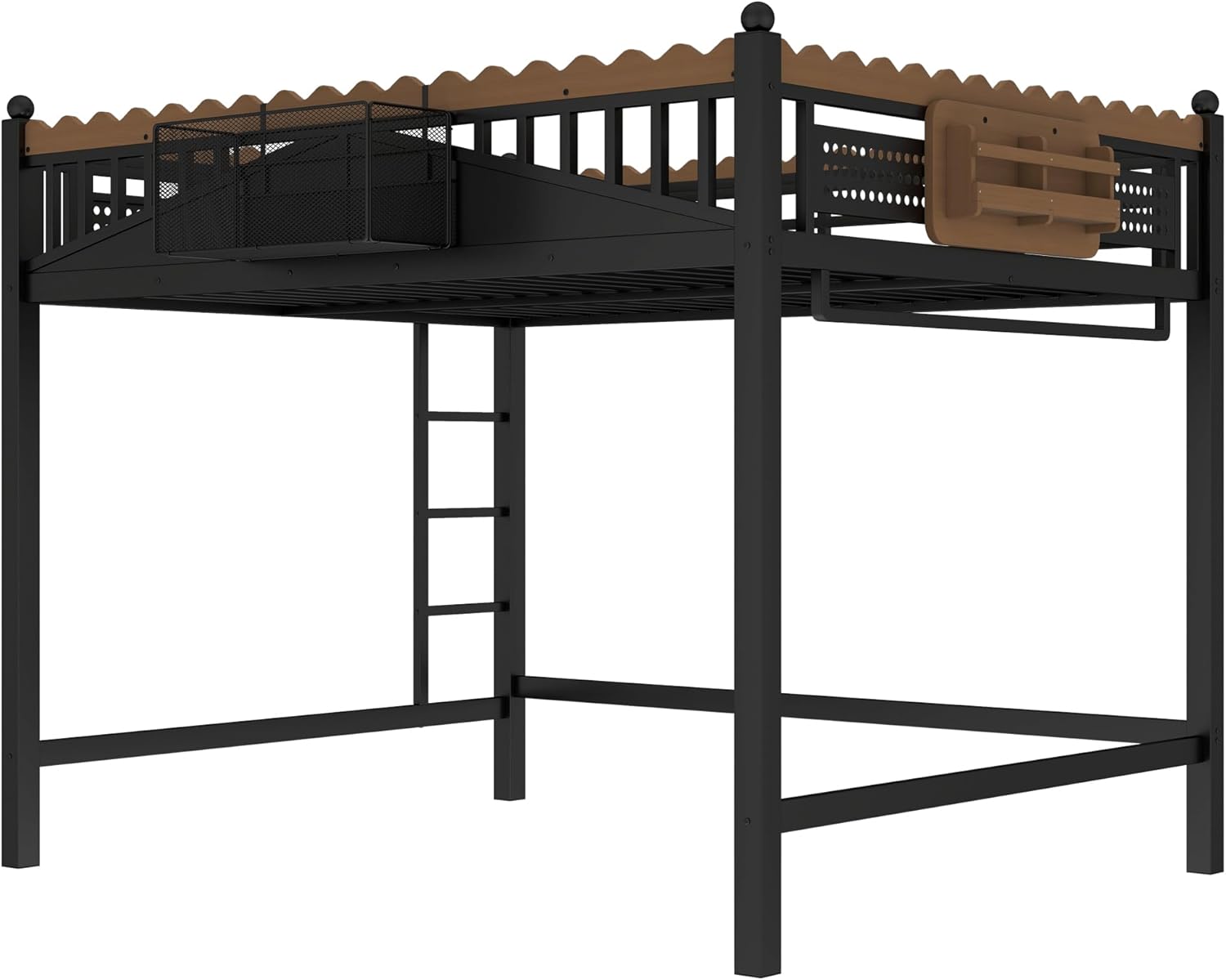 RuiSiSi Metal Queen Size Loft Bed with Bookshelf and Shelves,Heavy Duty Loft Bed Frame Queen Size with Storage, Black