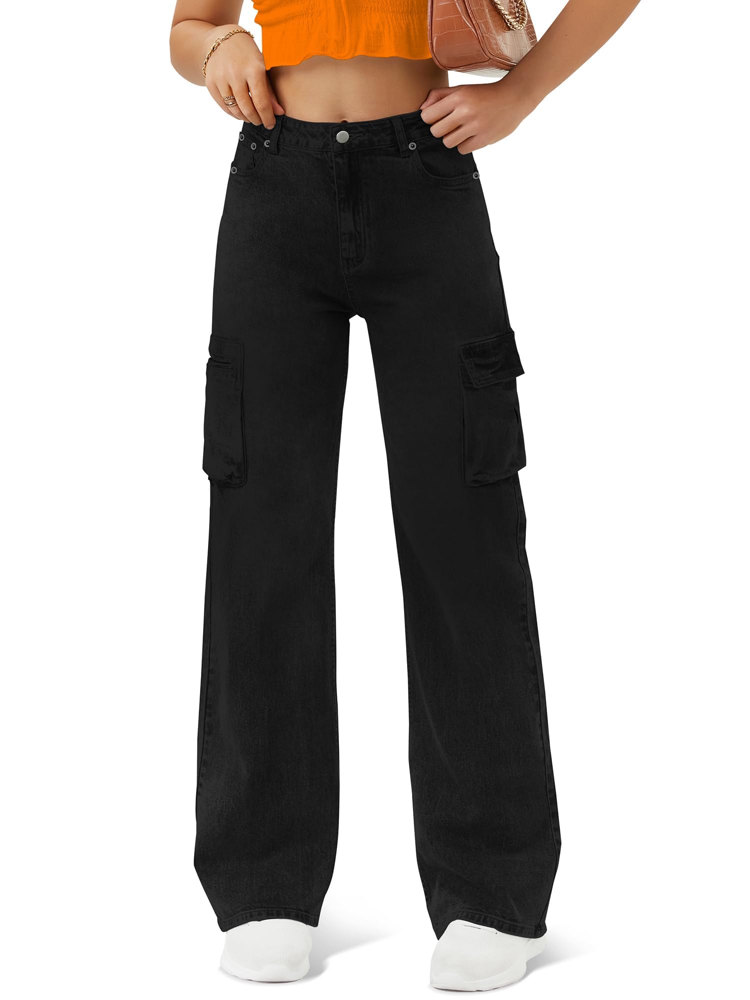 Photo 1 of Women High Waisted Cargo Jean for Women with 6 Pockets Straight Wide Leg Jean Casual Baggy Pants Black