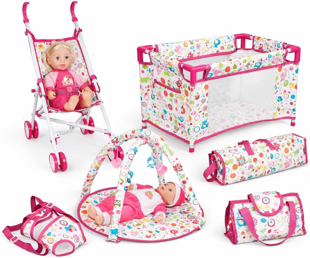 Liberty Imports 5-in-1 Baby Doll Stroller Playset with Doll Included, Foldable Stroller, Playard Playpen, Activity Play Mat, Baby Carrier & Travel Bag, Pretend Nursery Set for Girls