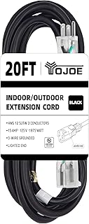 20 Foot Black Extension Cord, Lighted Outdoor 12/3 Cord, 12 Gauge 3 Prong SJTW Heavy Duty Extension Cable with 3 Prong Grounded Plug for Safety, UL Listed