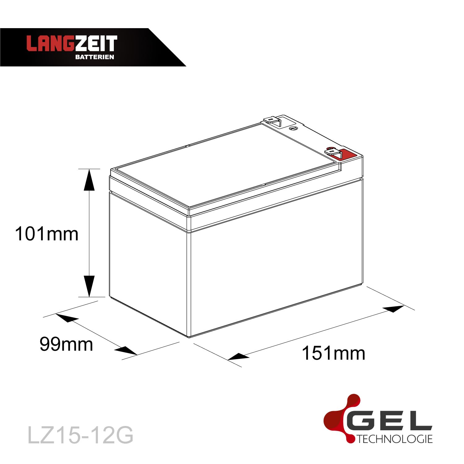 LANGZEIT Batterie au Plomb 12V 15Ah Gel UPS Rechargeable remplace 12Ah 14Ah