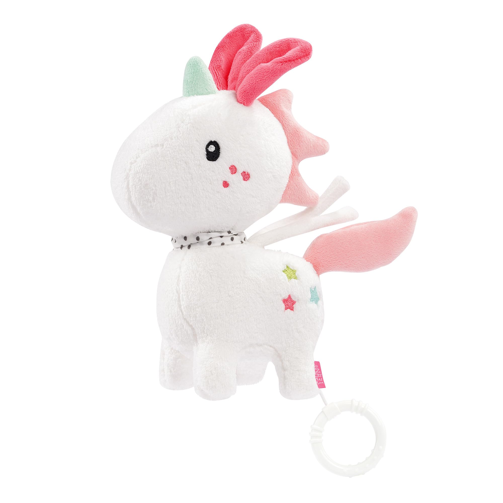 Fehn Spieluhr Baby Einschlafhilfe Einhorn - Kuscheltier mit sanfter Einschlafhilfe Melodie Brahms Wiegenlied - Babyspielzeug für Unterwegs und Zuhause - Musikspielzeug für Babys und Kleinkinder