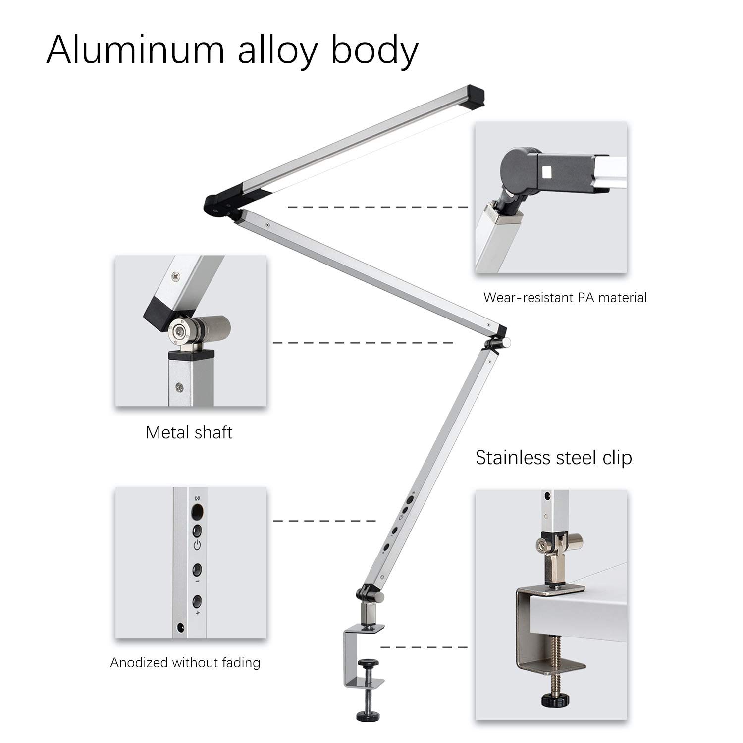 ACMHNC 9W LED Klemmleuchte Dimmbar Mit Fernbedienung, Leselampe Klemme,3 Farbtemperatur Touch Schreibtischlampe Klemmbar Langer Arm Tischlampe Faltbar Drehbar Klemmlampe Für Buch Bett Büro,Silber