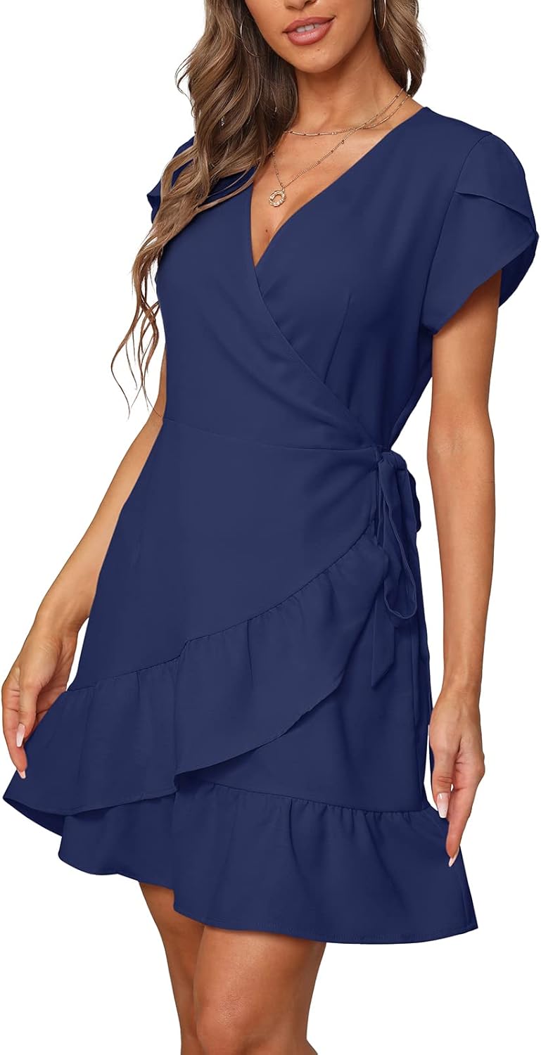 SAMPEEL Summer V Neck Wrap Petal Sleeve Short Dress with Belt for Women - Image 2
