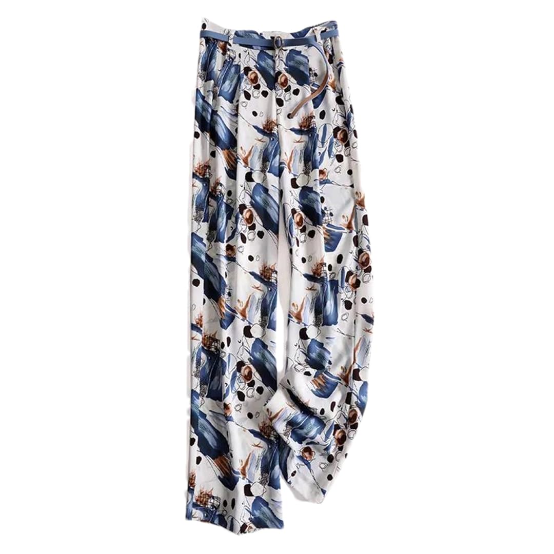 Pulcykp Ice Silk Chiffon Wide Leg Pants Women High Waist Drape Thin Print Suit Casual Pants