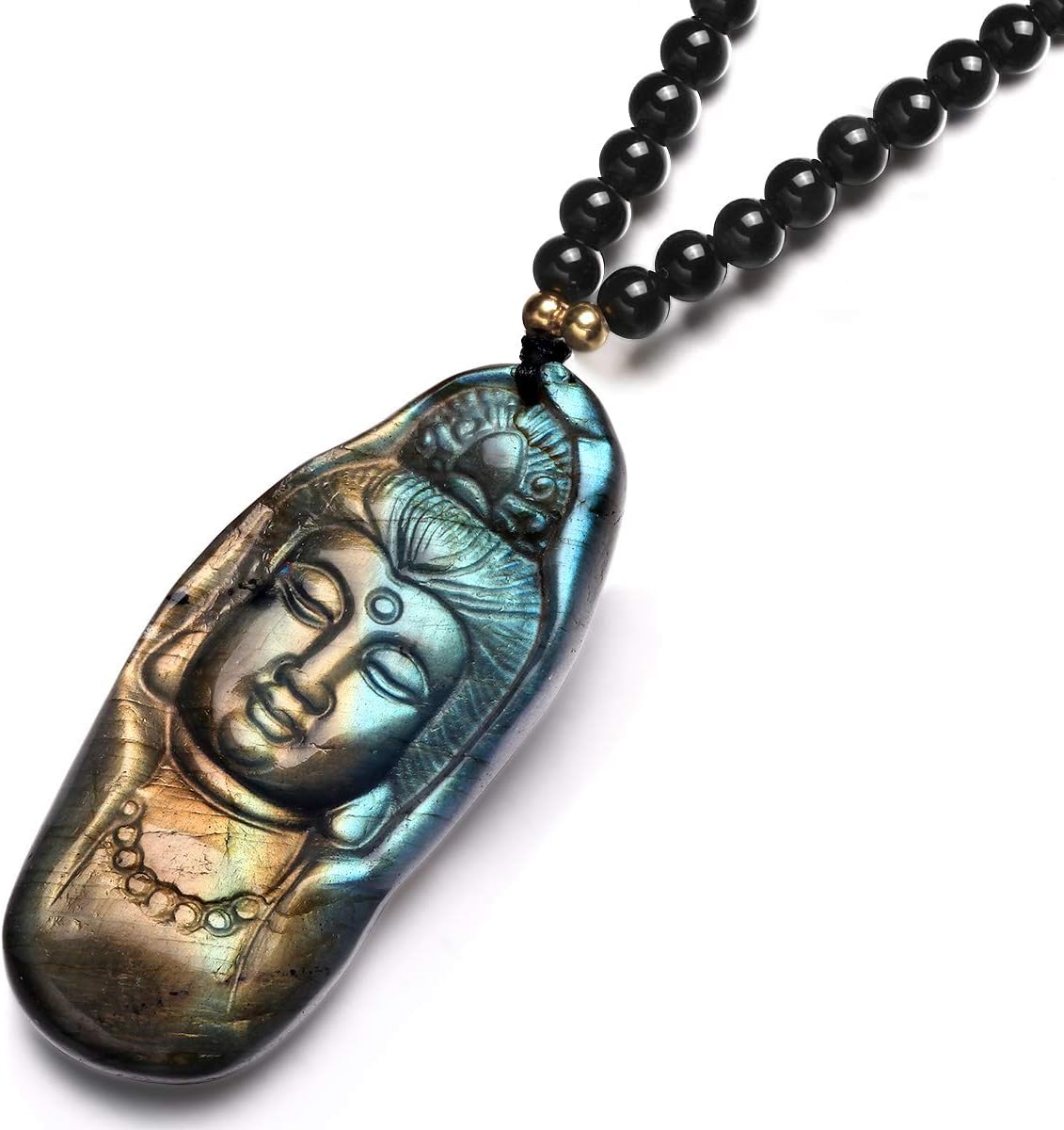 NATURSTON Crystal's Carving Guanyin Bodhisattva Pendant Necklace Natural Labradorite Gemstone's Buddha Jewelry (Muticolor,2.5'')