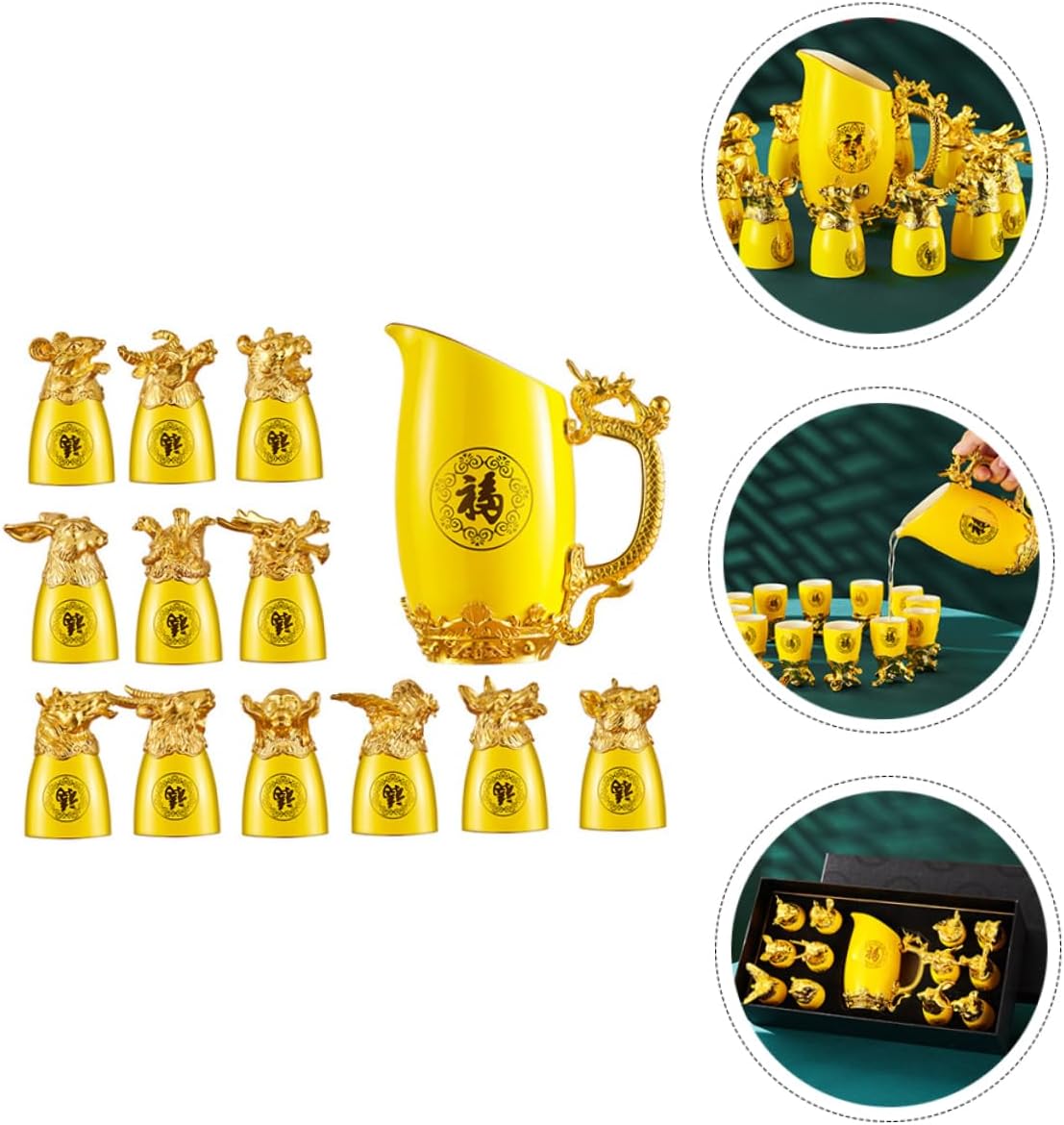 1set Zodiac Ceramic Liquor Cup Set White Wine Dispenser Gold-plated Design Smooth Finish Elegant Box for Celebrations and Collectors Yellow Twelve Zodiac Theme