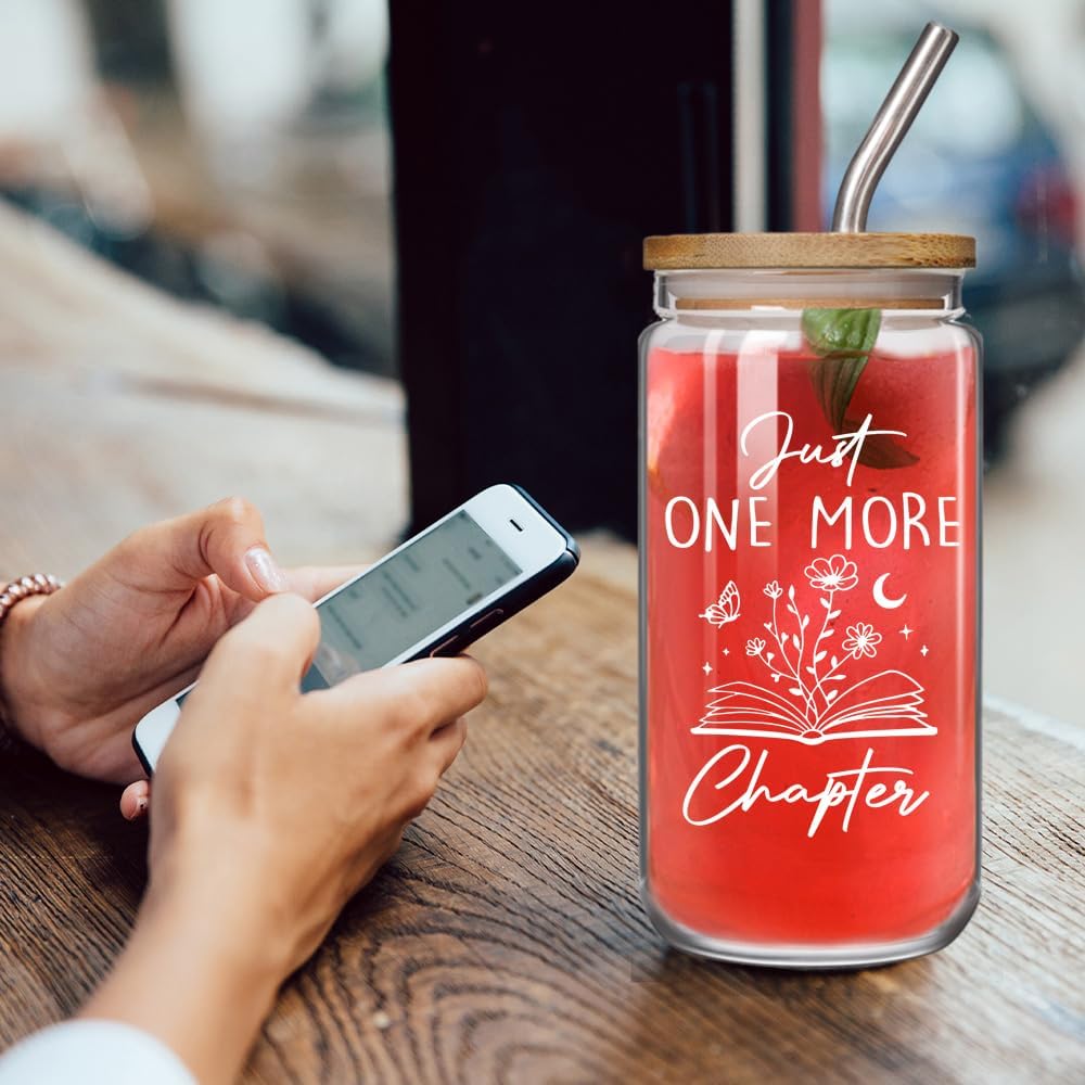 Funny Book Lovers 16oz Drinking Glass Cup Christmas Gift for Book Lover Women Girls - Just One More Chapter, Bookish Gift for Readers, Librarians, Best Friend, Cute Glass Cups with Lids and Straws