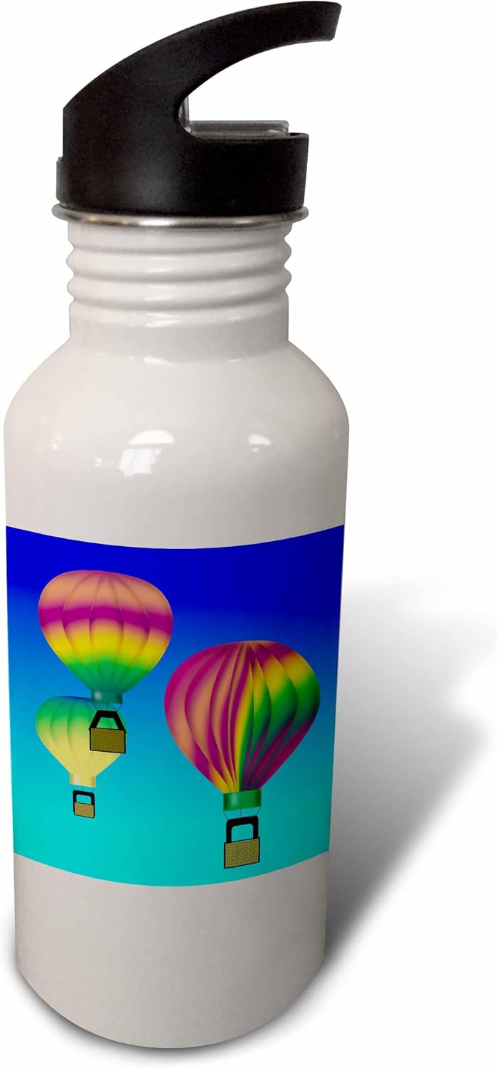 3dRose "Graphic Design Colorful Hot Air Balloons with Blue sky background" Sports Water Bottle, 21 oz, White image 2