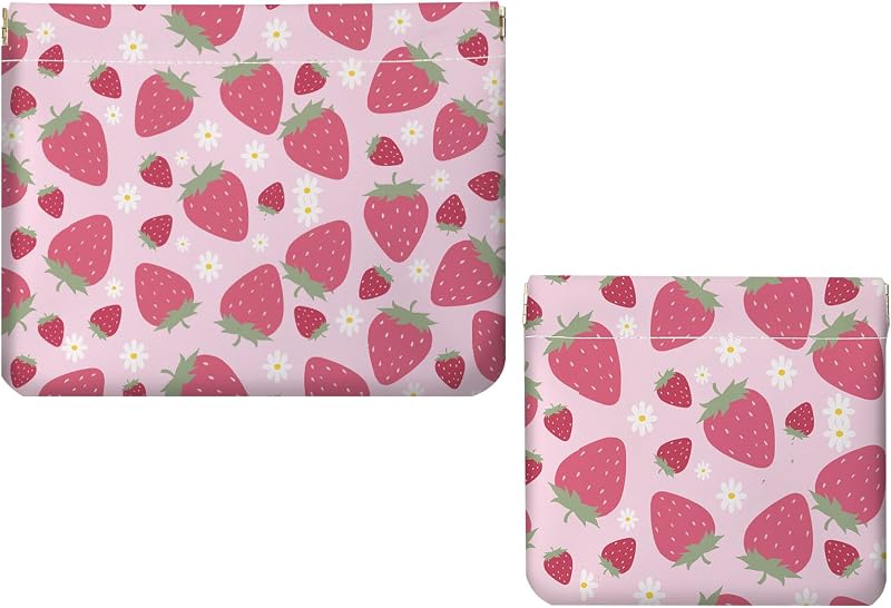 Conjunto com 2 necessaires de maquiagem Luoycxy em couro sintético, sem zíper, fechamento por mola, estampa Strawberry