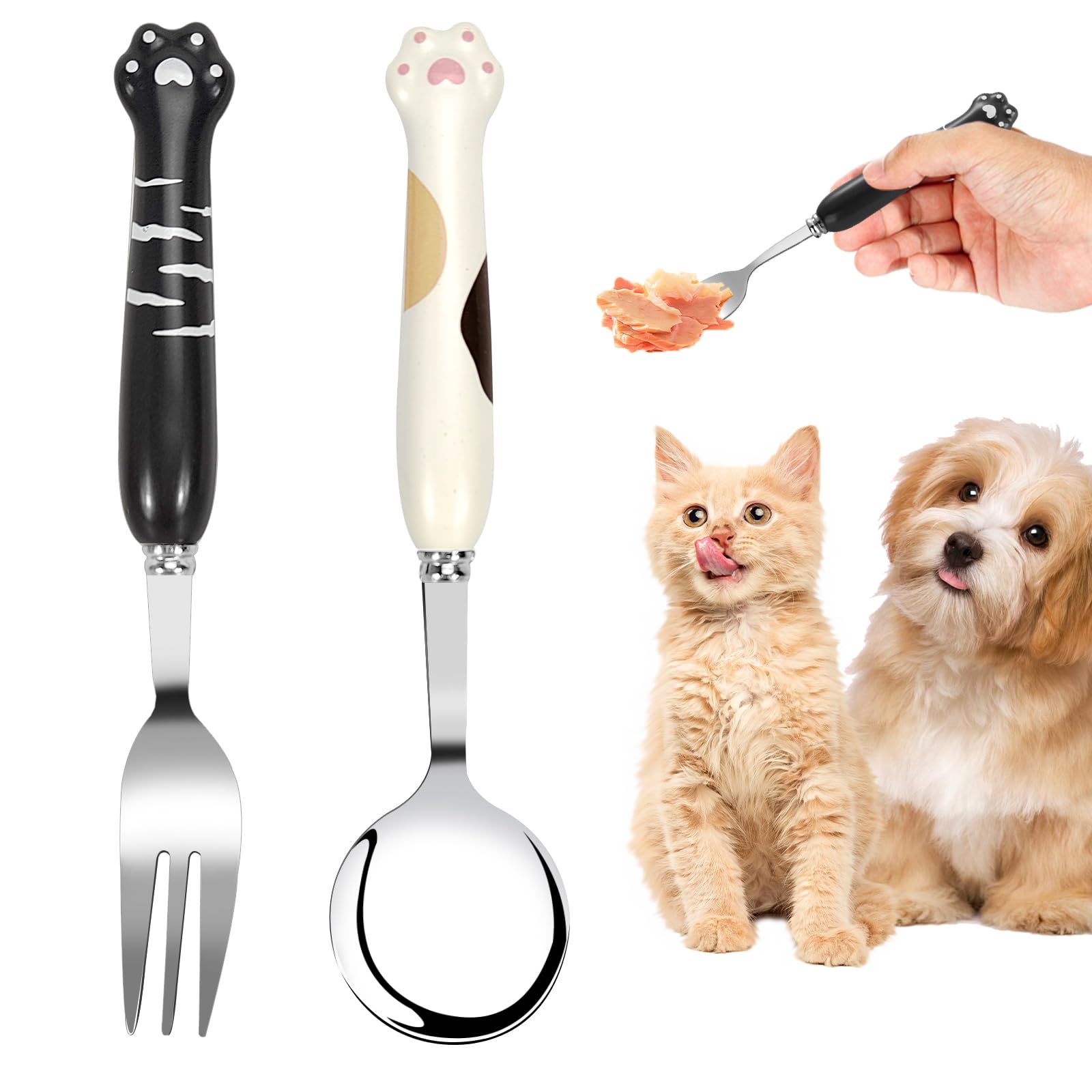 Cosysparks Pet Spoon and Pet Food Fork, Cute Paw Dog Food Fork Pet Feeding Spoon Stainless Steel Pet Cutlery 2 Piece (Black and white)