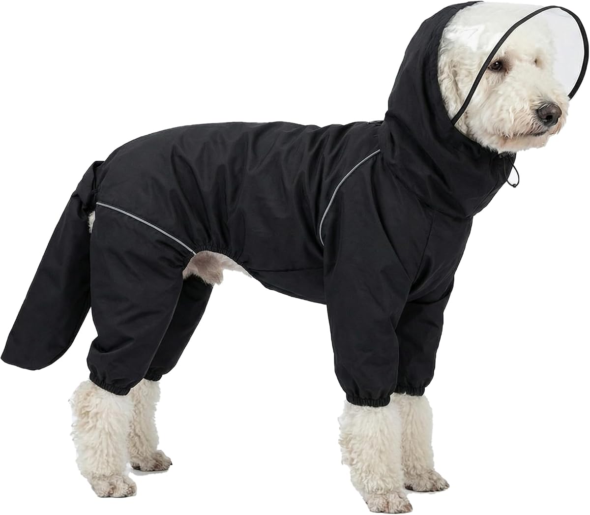 Chubasquero para perros medianos y grandes, impermeable, cobertura completa de las piernas, traje de lluvia impermeable con capucha y cola desmontables, tiras reflectantes, cremallera superior sin enganches (negro para niño, grande)