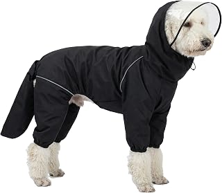 Dog Raincoat for Medium Large Dogs,rain Jacket Coat, Full Leg Coverage Waterproof Rain Suit with Detachable Hood & Tail, Reflective Strips, Snag-Free Top Zipper (Black for Girl, Large)