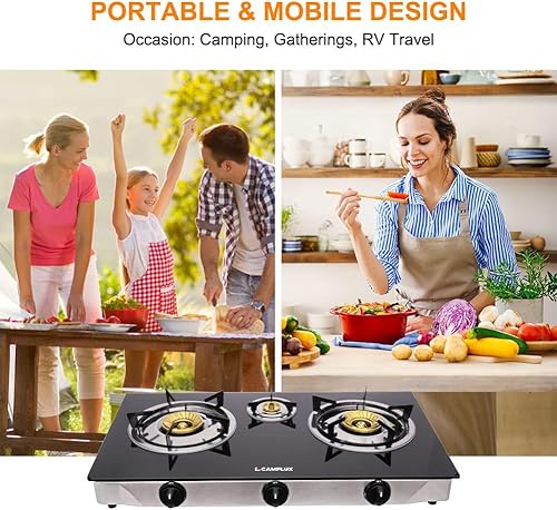 Miniatura 3 de Camplux Estufa de gas propano con 21,600BTU, estufa de propano de 3 quemadores, estufa de cocina de vidrio templado para acampar