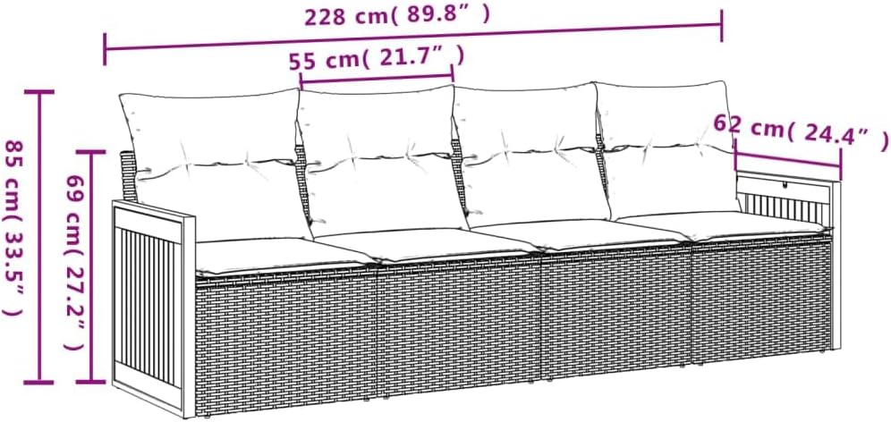 vidaXL 4-Piece Patio Sofa Set with Cushions, Black Poly Rattan, Blue Cushions, Outdoor Living Lounge Furniture