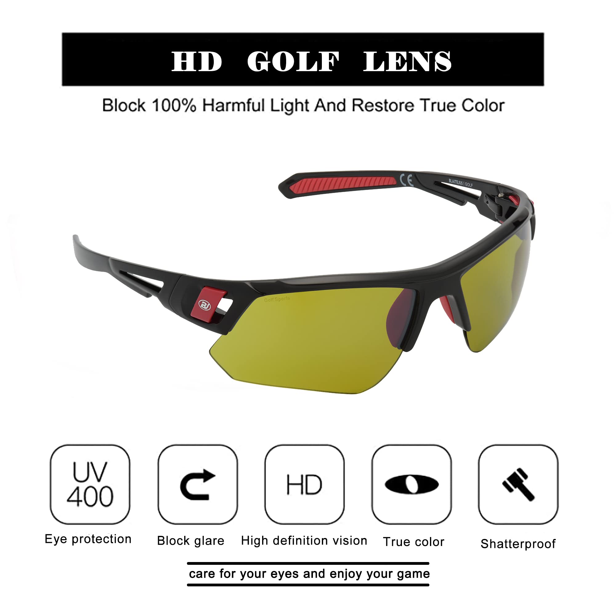 Gafas de sol de golf para hombres y mujeres, gafas de sol deportivas sin montura con protección UV400, Bj810 Marco negro y lente verde, conventional