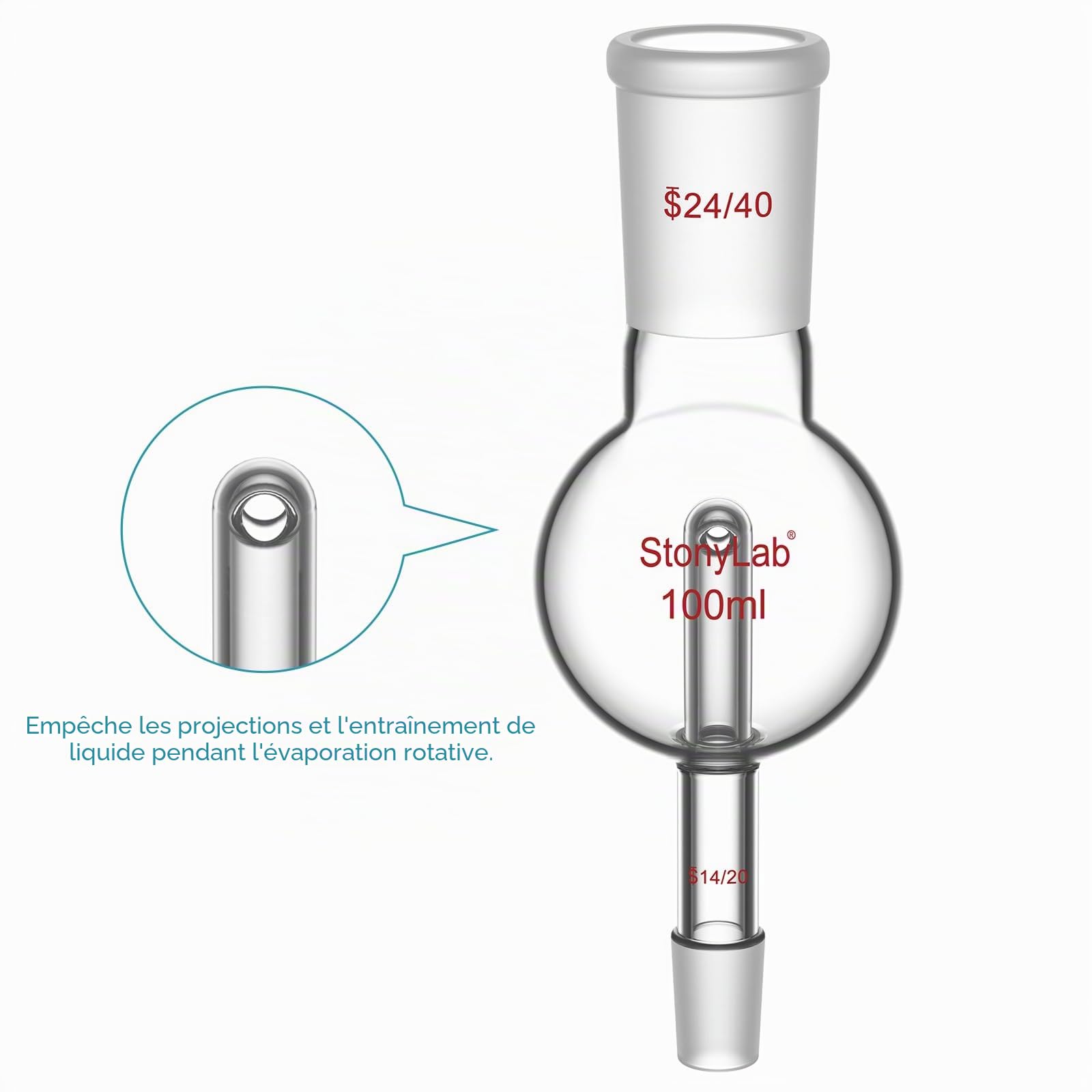 stonylab Piège à évaporateur Rotatif avec 14/20 Joint Supérieur Extérieur et 14/20 Joint Standard Intérieur, Rotary Evaporator Bump Trap de Laboratoire, 100 ml