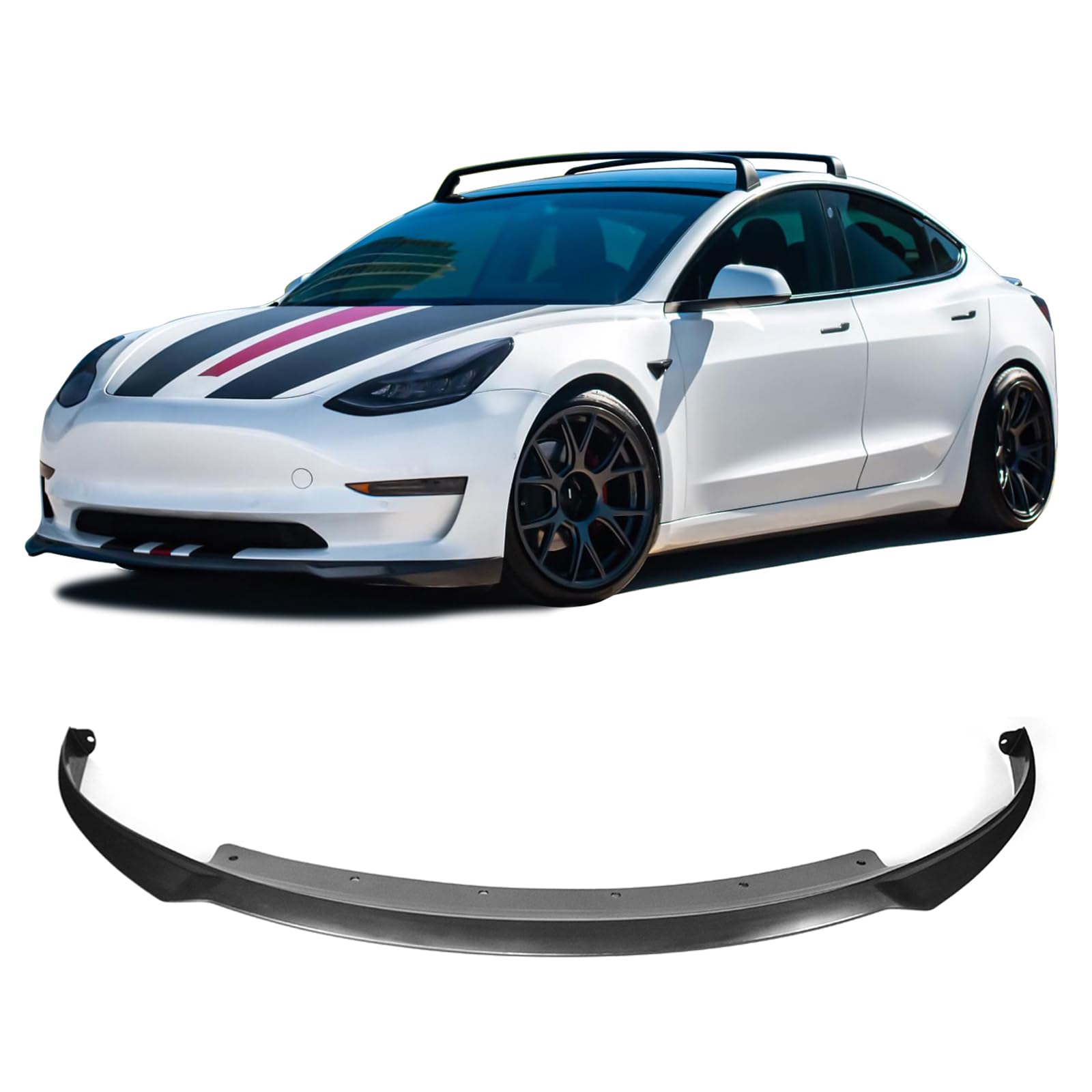 IKON MOTORSPORTS, Front Bumper Lip Compatible with 2017-2023 Tesla Model 3, IKON Style Front Lip Chin Spoiler Air Dam Poly-Propylene - PP(Factory Grade Plastic)