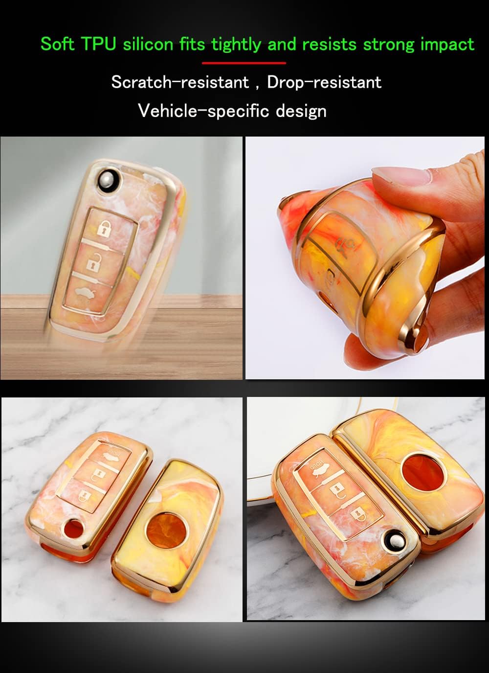 SANRILY 3 Button Flip Key Fob Cover for Nissan Rogue S Rogue Select/Sport, Qashqai Tiida Sylphy Frontier Keyless Golden-Edge Jade Pattern Key Case Shell with Keychain Gray