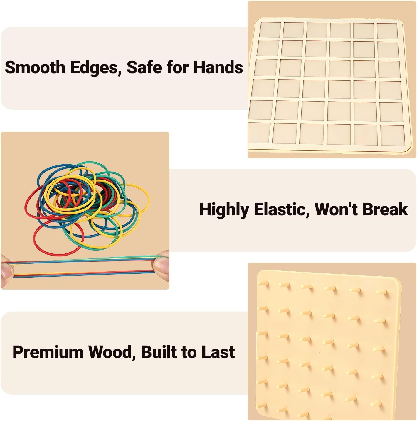 2-in-1 Mosaic Shape Wooden Pattern Blocks Puzzle & Wooden geoboard, Double-Sided Montessori Toys with 120 PCS Blocks, 40 Rubber Bands, 30 Cards