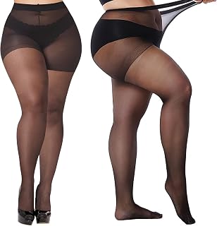 Plus Size 20D Pantyhose Sheer Tights for Women, Black High Waist Panty Hose Women's Control Top Run Resistant