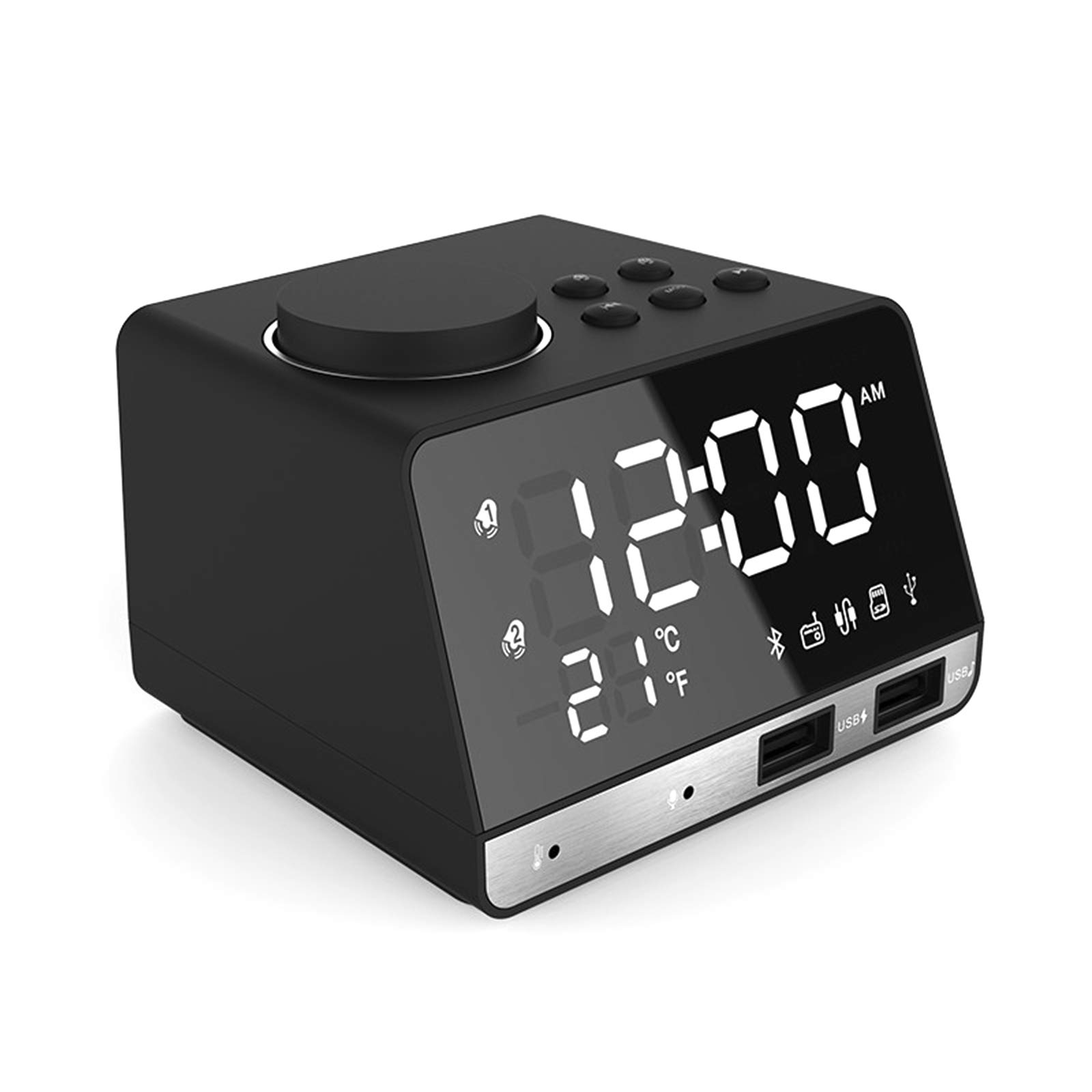 Réveil subwoofer avec chargement sans fil, horloges numériques pour la maison, haut-parleur Bluetooth avec port USB, double alarme, 3 luminosités réglables, lecteur, grand écran LED miroir pour