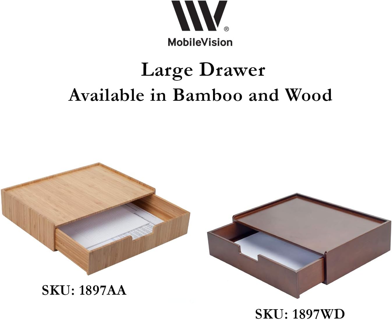 MobileVision Bamboo Drawer Large, Monitor Stand & Stackable Storage Solution for office products pens, pencils, scissors, notepads, business cards and more