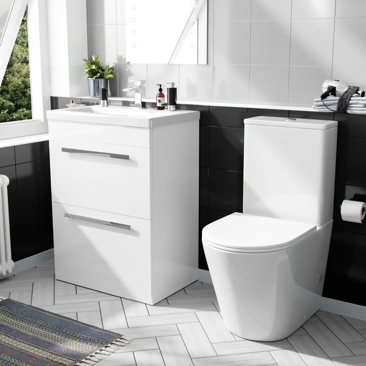 Nes Home Nanuya 600mm Floorstanding 2 Drawer Vanity Basin Unit & Round Close Coupled Toilet White