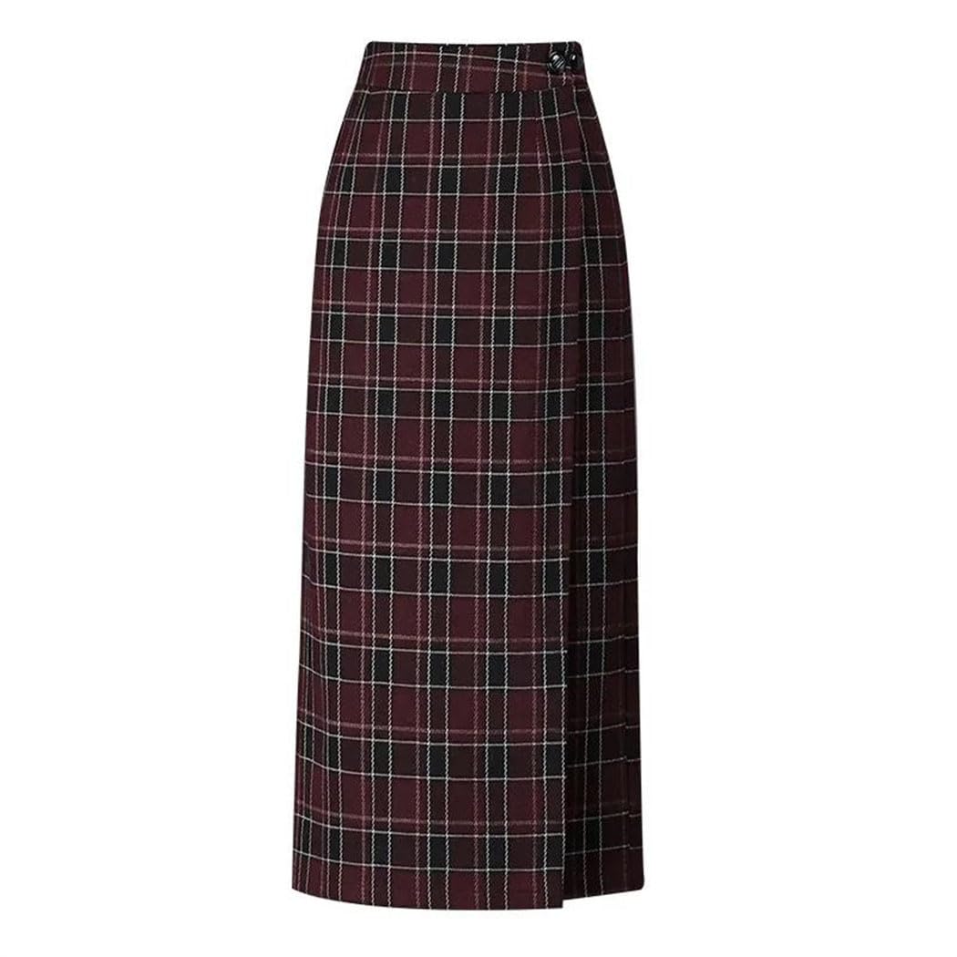Women Plaid Woolen Mini Skirt High Waist Thick A-Line Split Back Elegant Office Winter Skirt