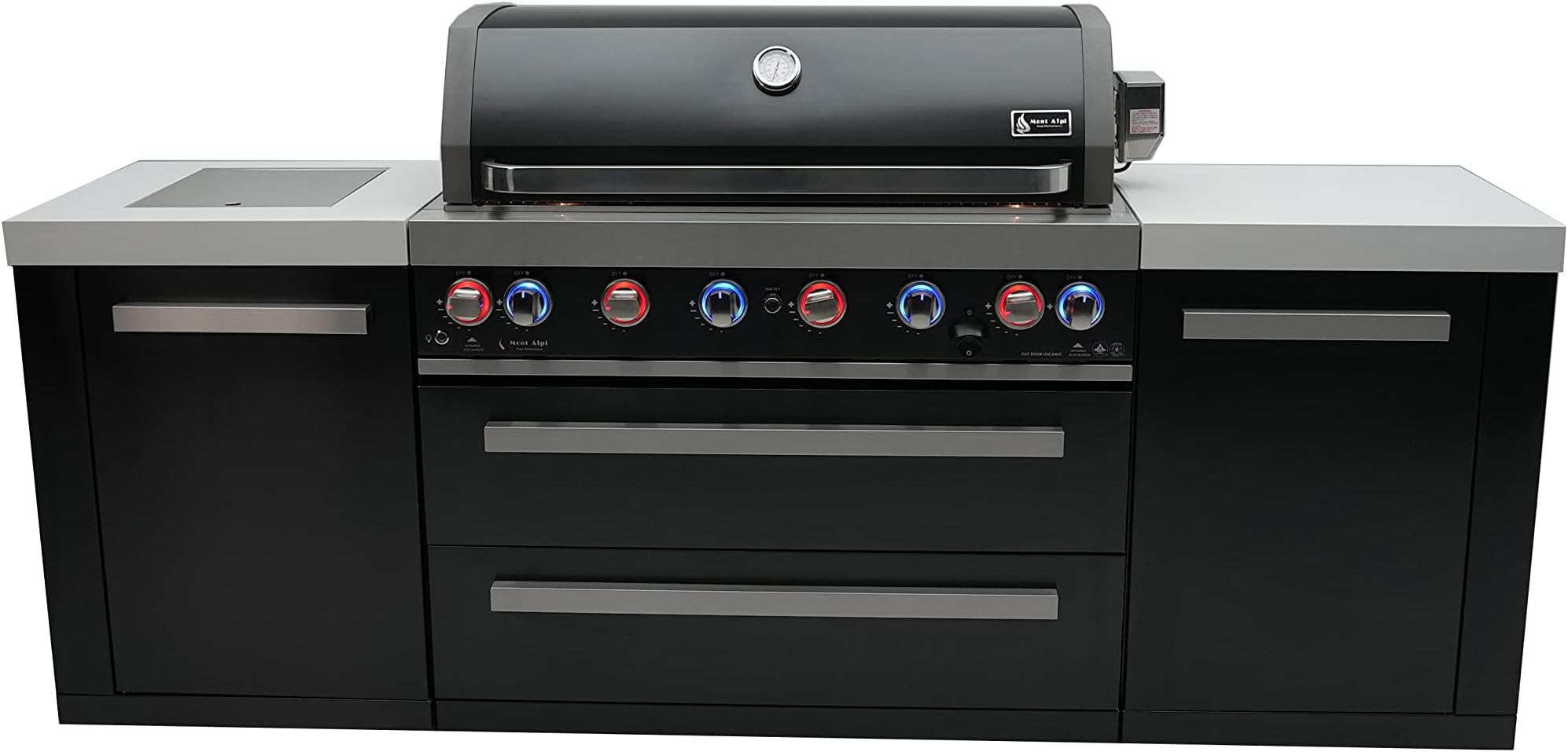 Mont Alpi Premium 94"W x 23"D Black Stainless Steel Modular Outdoor Kitchen Island with Infrared Side Burner + 44"W 6-Burner BBQ Gas Grill + White Granite Countertops + Storage Cabinets & Drawers