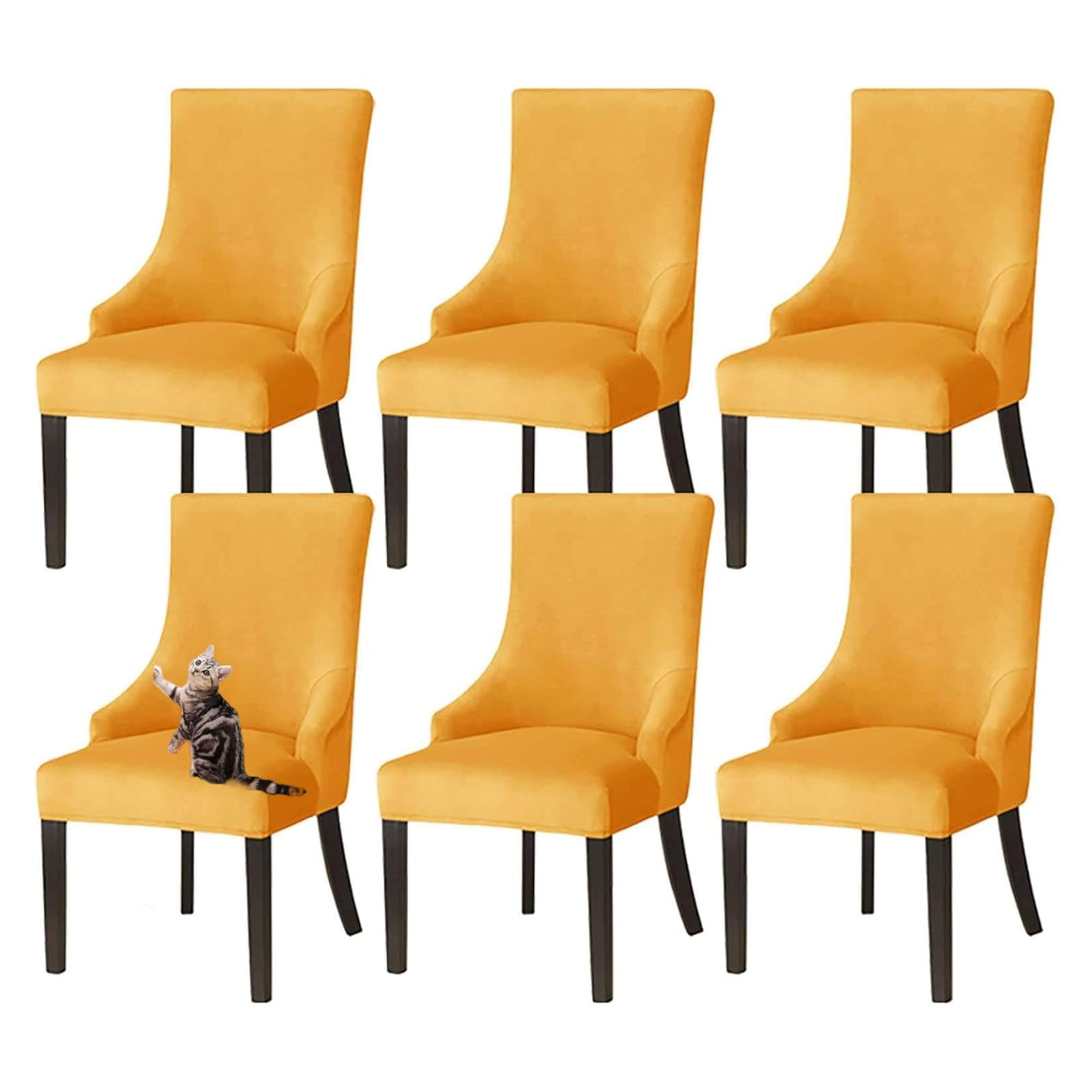 GUYIRT Velvet Wingback Dining Chair Covers, Stretch Wingback Side Chair Slipcover Washable Sloping Armchair Cover for Kitchen Banquet (yellow,set of 6)