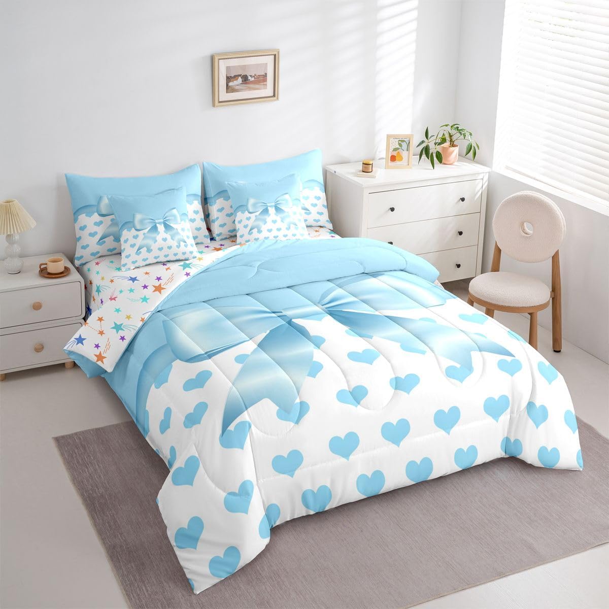 Feelyou Blue Bowknot 7 Piece Bedding Set Cute Love Heart Comforter Set with Sheets for Kids Boys Girls Princess Style Bed in a Bag Blue White Bed Set Soft Lightweight
