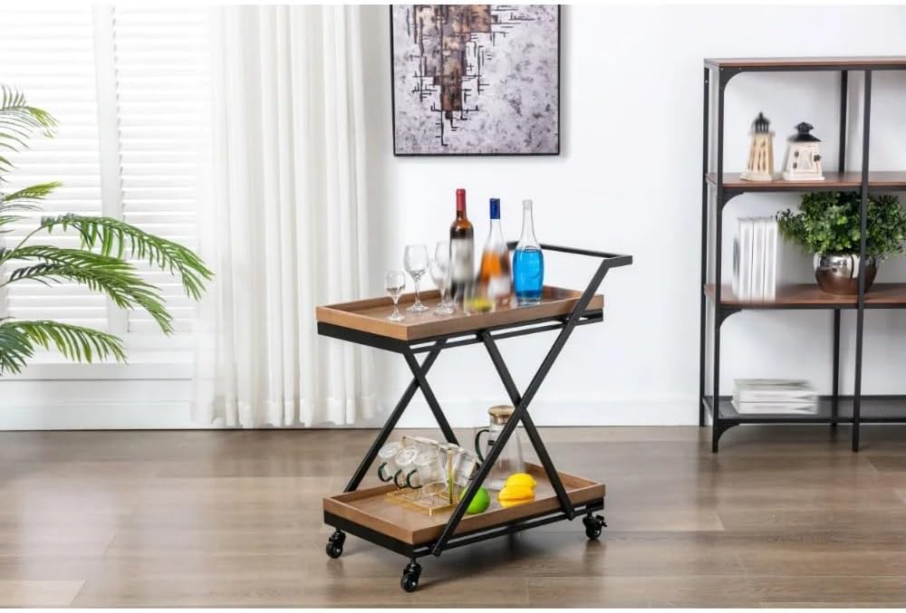 Entertainment Cart, Wood and Black Kitchen Island Table Cabinets Folding