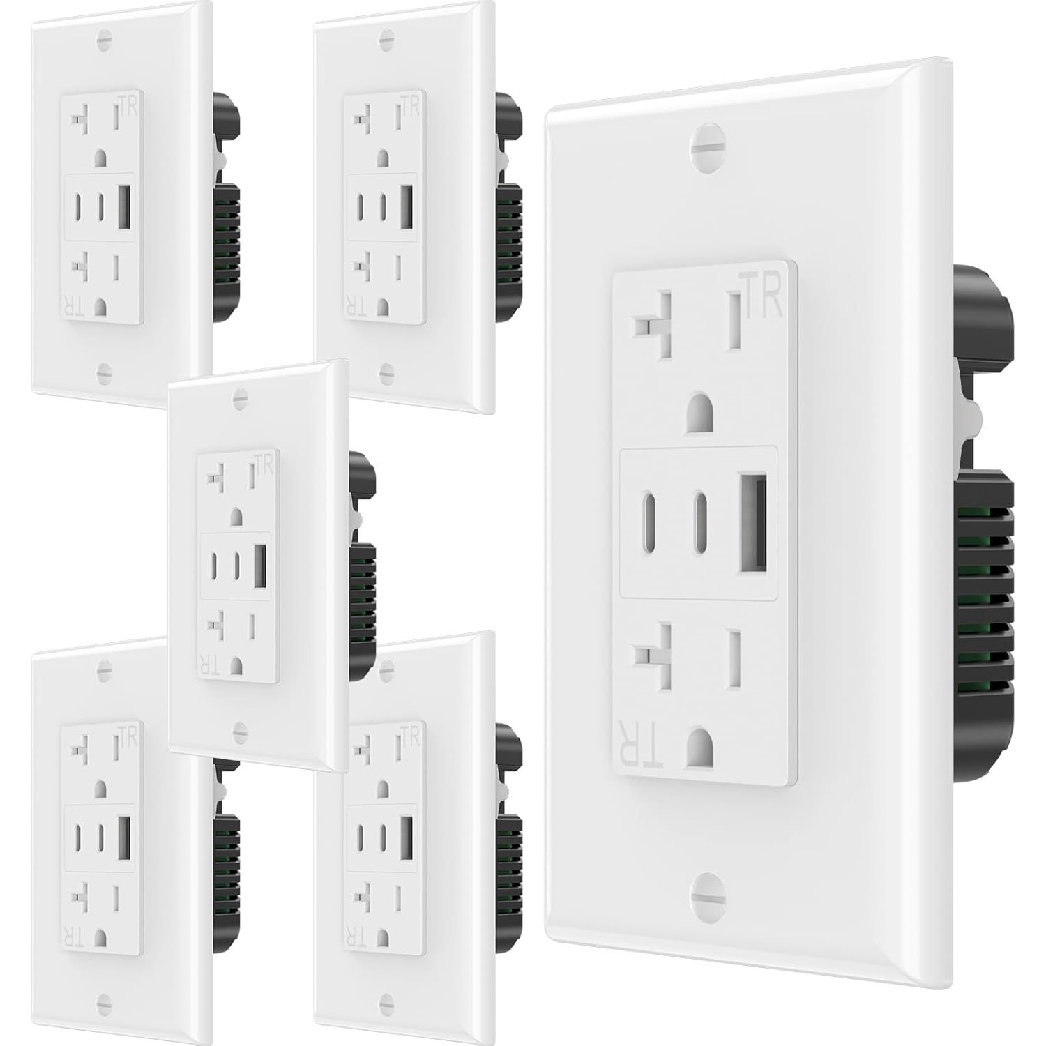 NEMA 5-20R Wall Outlet with USB C Ports 21W Output 20 Amp 15Amp 120V Duplex Receptacle Socket Tamper Resistant with White Wall Plate for RV Home Electrical Equipment Upgrade ETL Listed 6-Pack