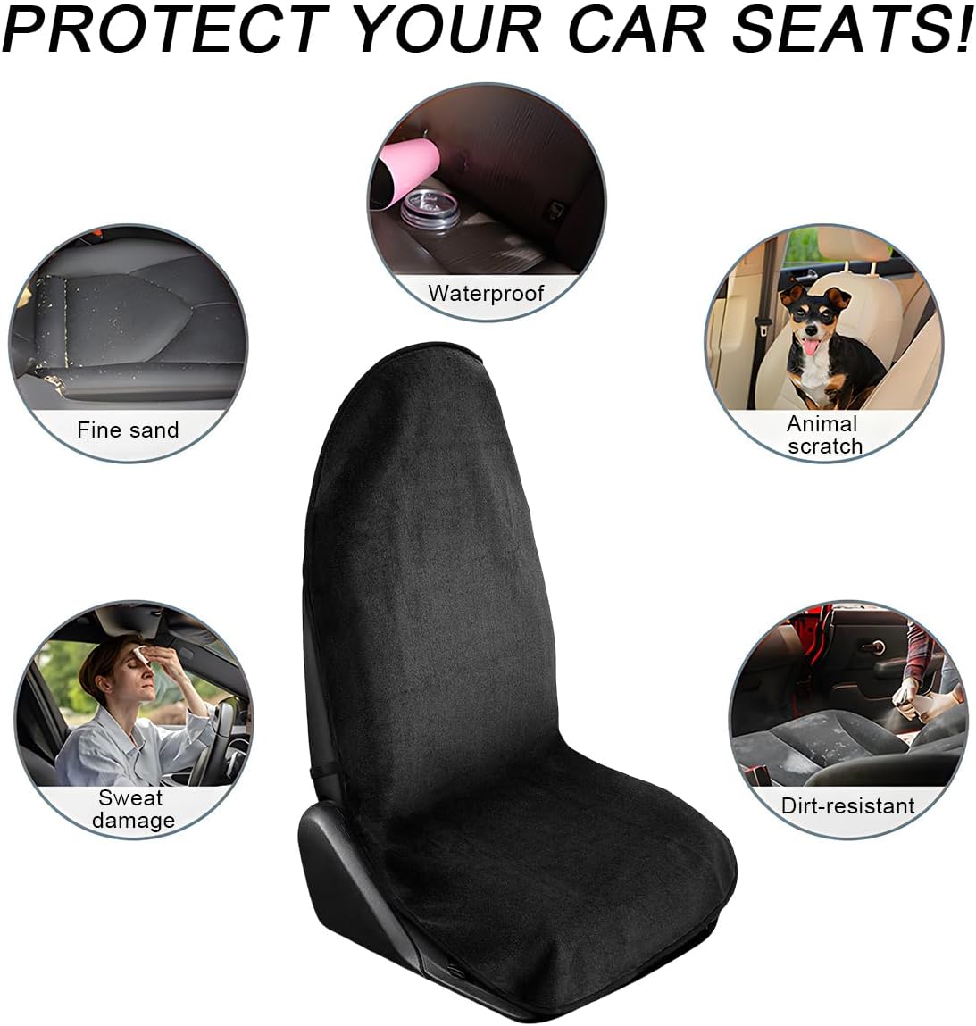 2PCS Car Towel Seat Cover, Waterproof Sweating Non-Slip Premium Soft Towel Carseat Protector, Universal Machine Washable Car Truck SUV Front Seat Cover for Gym Workout Beach Hiking (Black)