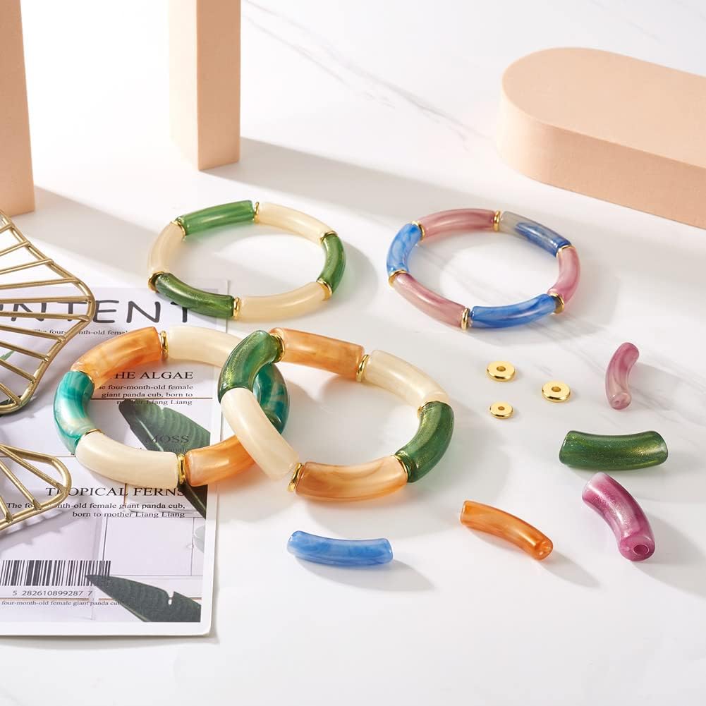 Craftdady 160Pcs Bamboo Bracelet Bangle Acrylic Tube Beads Curved Tube Stretch Noodle Beads with Brass Spacer & Elastic Thread for DIY Jewelry Making Kit Bracelets Necklace