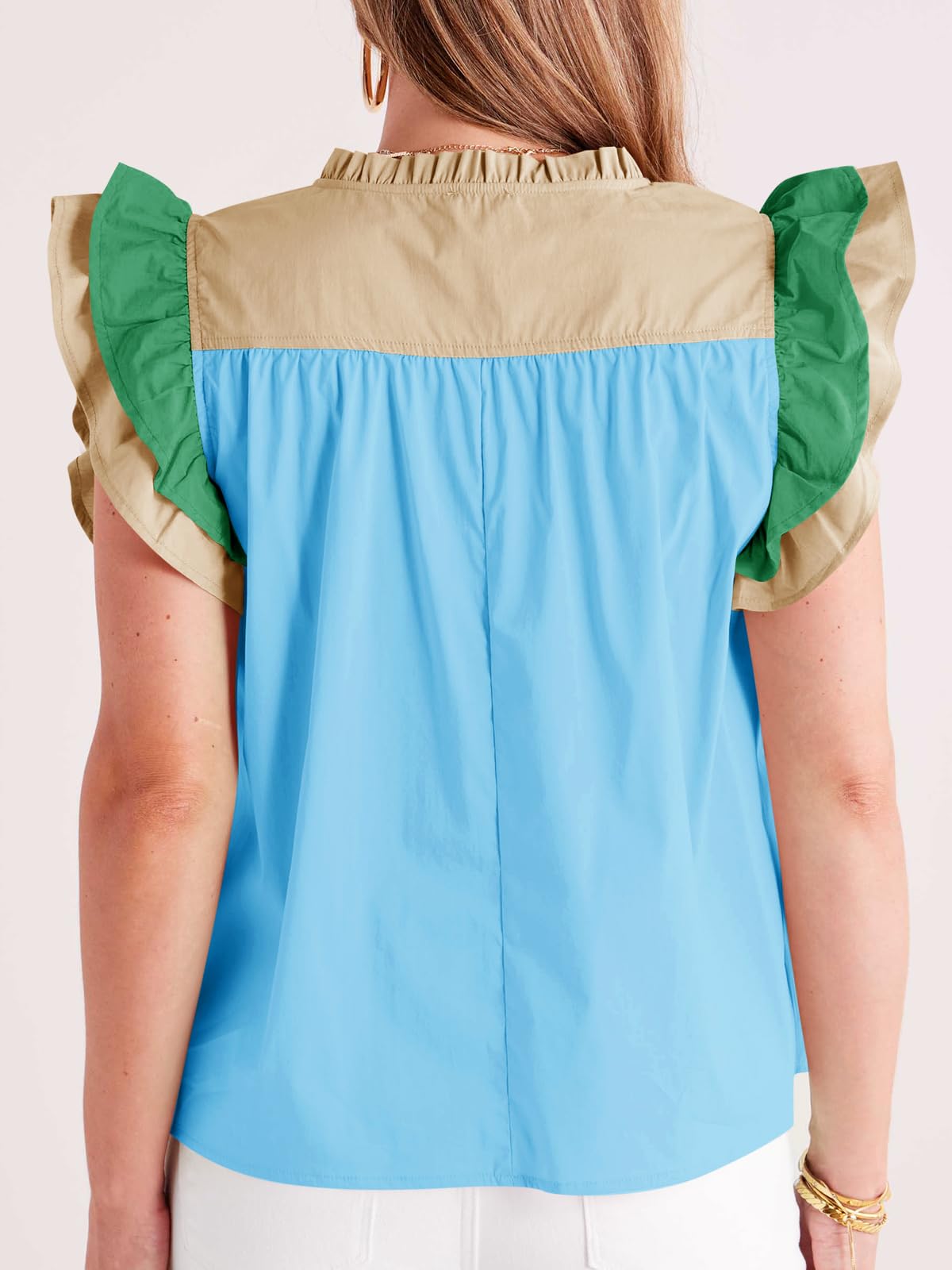 Tankaneo Blusa sin mangas con volantes para mujer, estilo casual, elegante, cuello en V, plisada, holgada, sin mangas