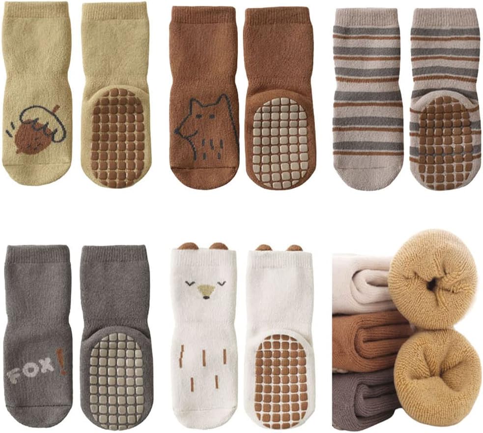 FedMois 5 Pairs Baby Kids Cozy Warm Winter Socks Anti-slip Infant Toddler Thermal Crew Socks