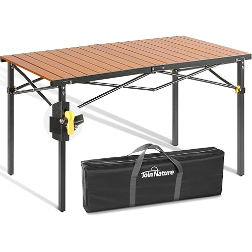 Join Nature 46.4" Large Folding Camping Table for 2-6 People - Heavy Duty Camp Table Foldable with Aluminum Roll-Up Top & Carry Bag - 220lbs Capacity, Portable for BBQ, Tailgating, Backyard (Natural)