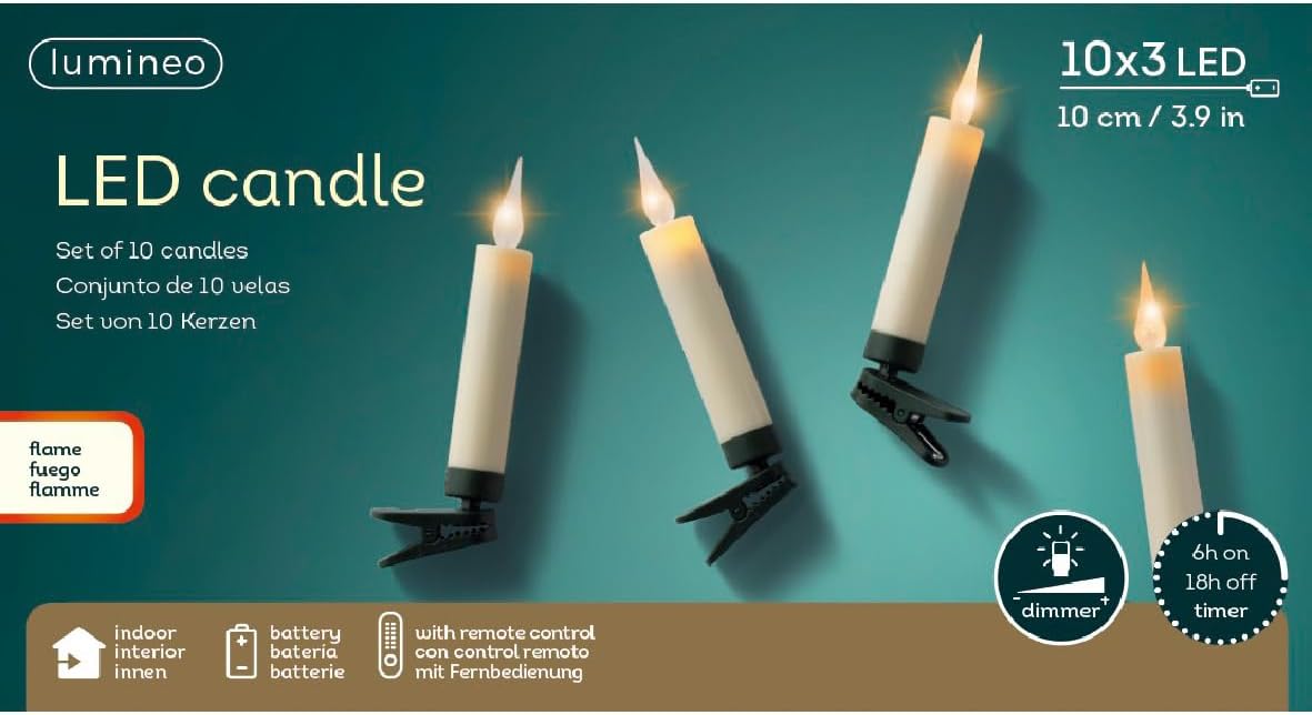 Lumineo Clip On Christmas Tree Candle Lights 10 Warm White LED Flickering Candles Battery Operated