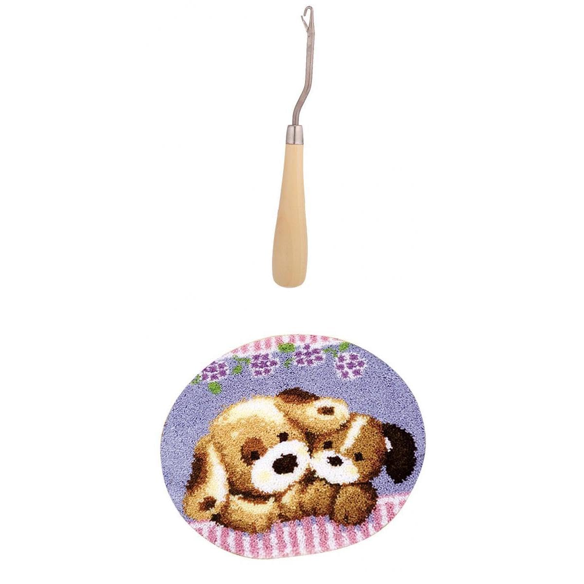 SNAPPSY Latch Hook Rug Kits Two Dogs Craft Embroidery Cushion W/Wood Crochet Hook