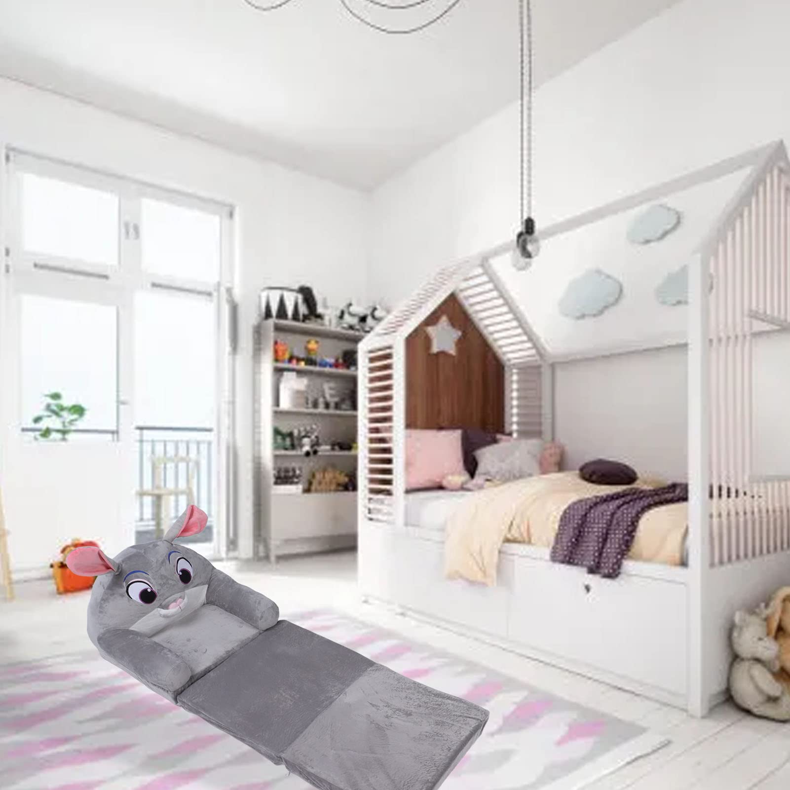 Bewinner Divano Pieghevole per Bambini Simpatico Cartone Animato con Braccioli, Divano Letto Pieghevole Morbido per Bambini per Sala Giochi da Camera, a 3 Strati con Coniglio per Fare un Pisolino,