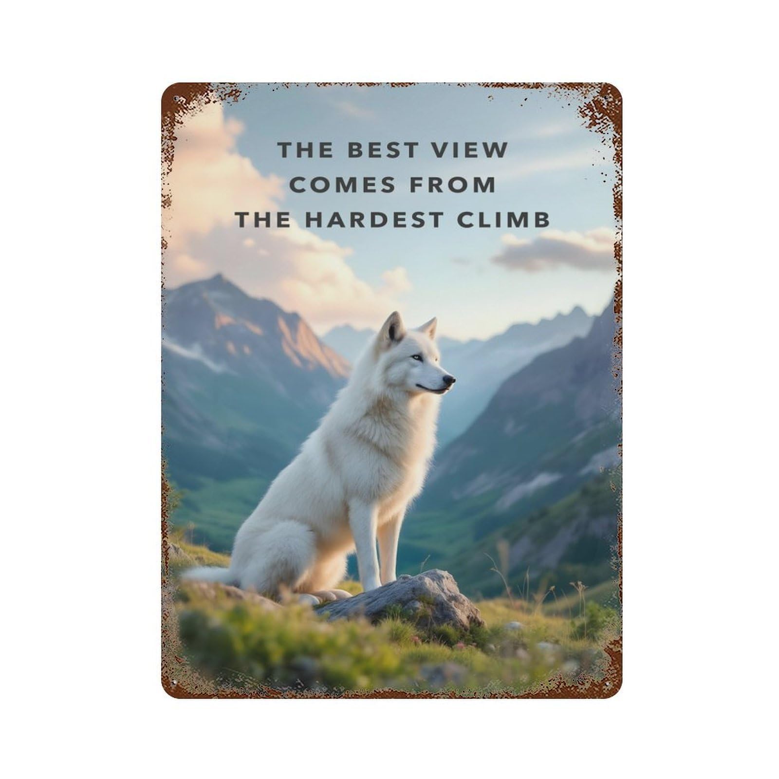 Wolf on Mountain Motivation Rust Effect Tin Sign 15.7"x11.8", Ideal for Farmhouse, Kitchen And Entryway Decor