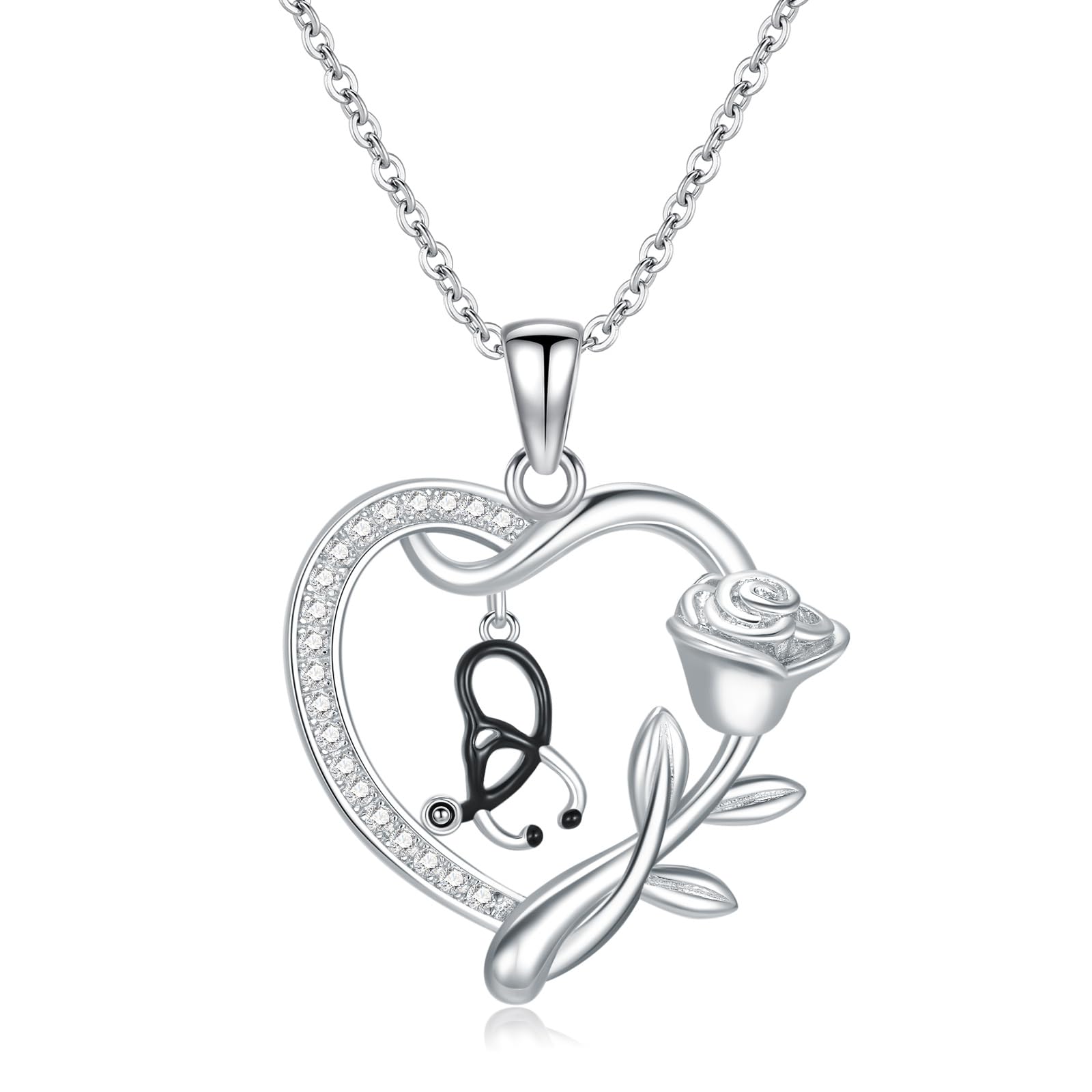 Stetoscopio collana in argento Sterling 925 cuore collana laurea regalo regalo per medici infermieri, 22*23, Argento sterling, Zirconia