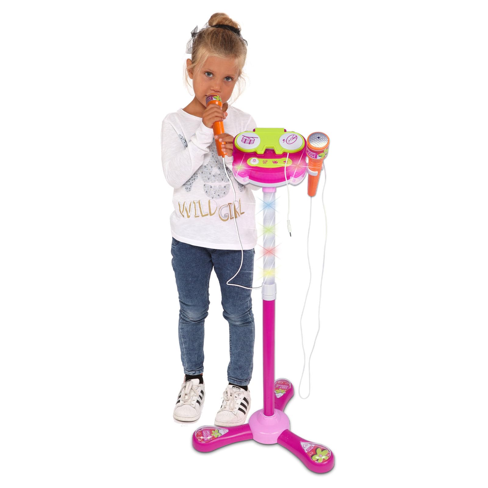 Bontempi | TwinStage Mic - Doppio Microfono da Palcoscenico con Connessione MP3 per Performance Strabilianti, Rosa, 360x360x890 mm