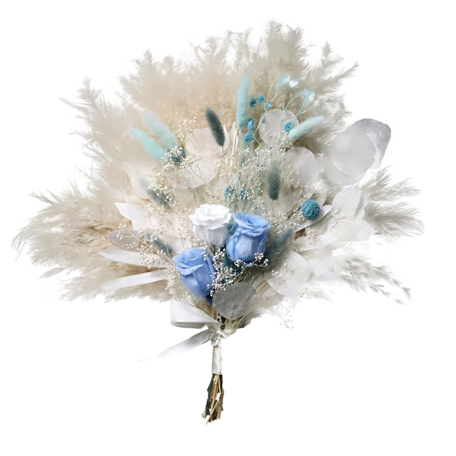 Trockenblumenstrauß mit blauen und weißen Rosen, Pampasgras, Eukalyptusblättern und Dekorband, Elegantes Blumenarrangement für Hochzeiten, Wohnen, Deko und Geschenke