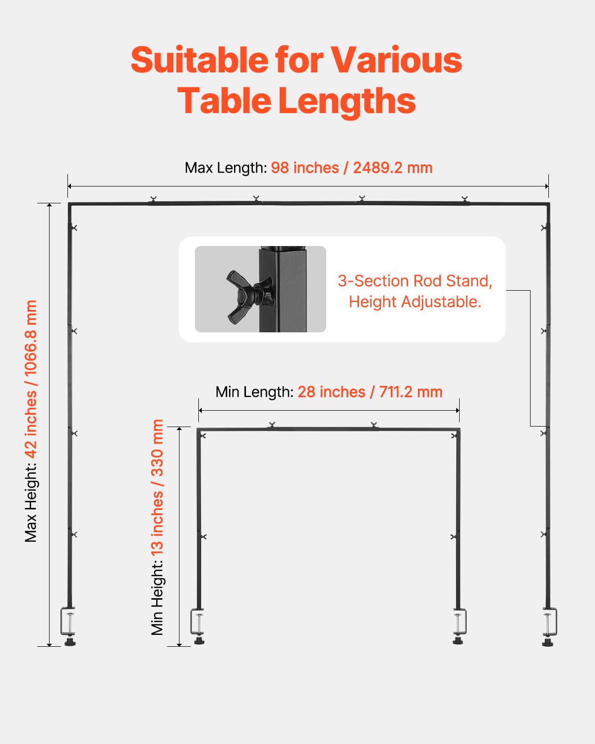 VEVOR Support Tige de Table avec Pinces, Support Arche de Table, 2 PCS, Hauteur Réglable 330-1066,8 mm Longueur Réglable 711,2-2489,2 mm, Cadre Arche Métal, pour Déco Mariage, Anniversaire, Noël, Noir